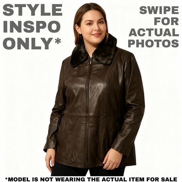 NWT Gallery Brown Leather Coat Lush Faux Fur Collar Plus Size 1X - Picture 2 of 7